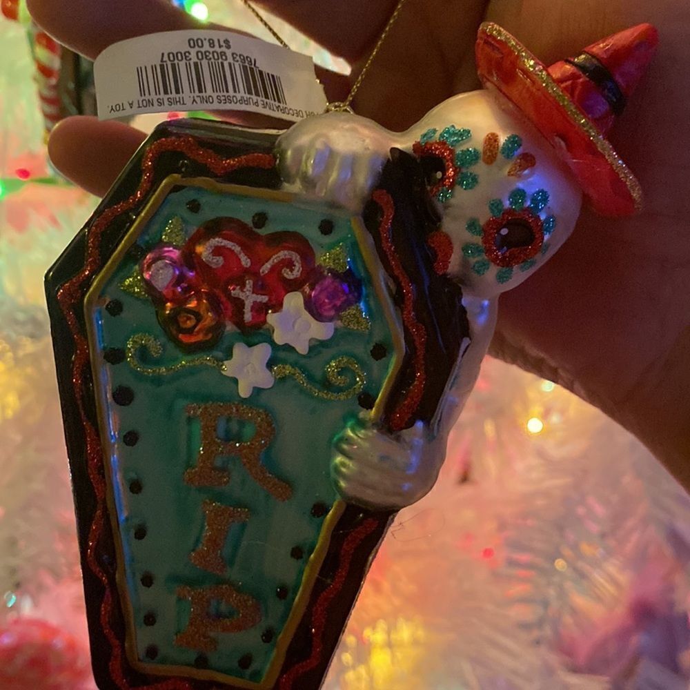 Holiday Lane Glass Sugar Skull Ornament Coffin RIP Day of the Dead Glitter - Picture 13 of 13